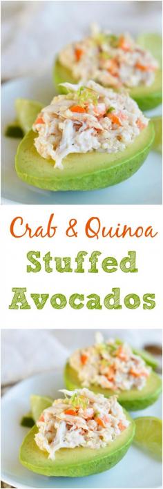 
                    
                        Crab and Quinoa Salad Stuffed Avocados - This fresh and healthy recipe that is full of flavor and gluten free!
                    
                