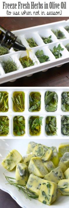 Freeze Fresh Herbs in Olive Oil This brilliant idea not only makes it easy to prepare dishes, but it insures that you always have fresh herbs, whether they are in season or not. Freezing the herbs in oil also prevents them from turning brown or getting that dreaded freezer burn. Throw them in pasta or potato dishes, stews, roasts, or use them for grilling onions, garlic, and other vegetables. 8 Steps for Freezing Herbs in Oil