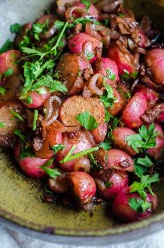 Braised Radishes with Shallots & Bacon by thekitchn I would leave out bacon for healthier recipe!!