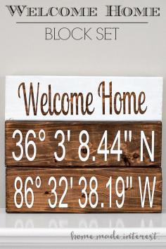 
                    
                        This wood block set combines welcome home and latitude and longitude to create a personalized gift for a new homeowner or something pretty to decorate your mantle.
                    
                