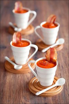 Tomato, Pumpkin, and Bacon soup (I wish there was a recipe with this photo. Its sounds and looks delicious)