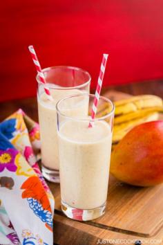 Mango coconut smoothie made with Greek Yogurt.