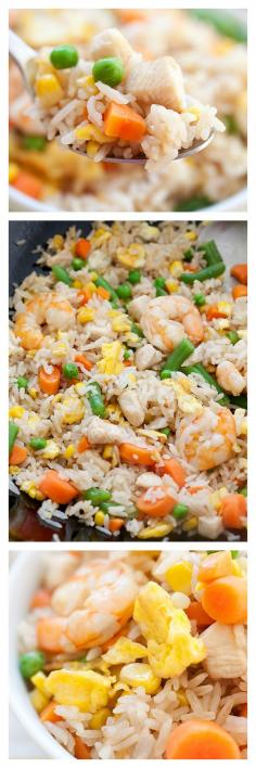 Chinese Fried Rice Recipe with Chicken with Shrimp. Easy, breezy recipe that guarantees the best tasting fried rice EVER. Learn the secret techniques and ingredients used. http://rasamalaysia.com #food #yummy #delicious  Minus the shrimp for me!