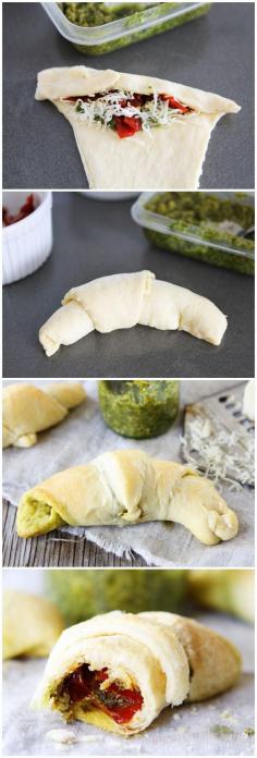 Appetizer: Pesto, Roasted Red Pepper, and Cheese Crescent Rolls Recipe on twopeasandtheirpod.com A great appetizer for any holiday party!