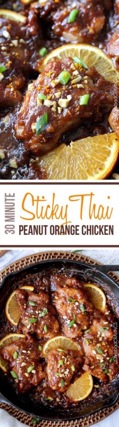 
                    
                        One pan, 30 minute easy Sticky Thai Peanut Orange Chicken baked in one of my favorite rich, nutty, sweet, savory orange sauces ever. I am so in love with the flavors and ease of this dish! #thai #orangechicken #peanutchicken #thaipeanutchicken #drumsticks #30minutemeals
                    
                