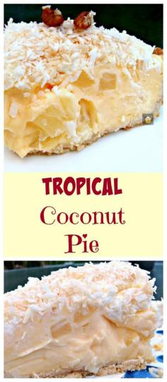 
                    
                        TROPICAL COCONUT PIE! It is so creamy and has a rich coconut flavor, laced throughout with juicy pineapple chunks and a crispy pie crust. Heavenly!
                    
                