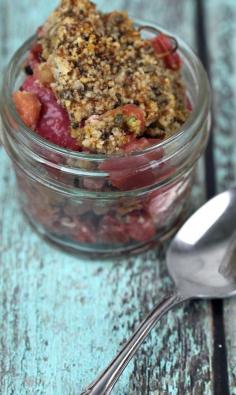strawberry rhubarb crisp recipe with almond meal and chia seeds grain free gluten free, dairy free, delicious