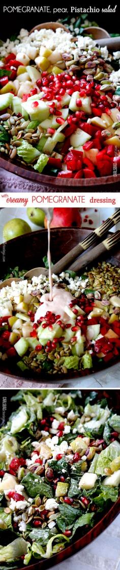 Perfect for THANKSGIVING! This salad is SO addictingly delicious! Sweet pomegranate arils, pears, apples, crunchy cucumbers and peppers complimented by salty roasted pistachios and pepitas all doused in Creamy Pomegranate Dressing. #delicious  #Amazing  #healthy_food  #health  #food #diet  #fresh  #HealthyFood  #recipe  #salad  #tasty  #colorful