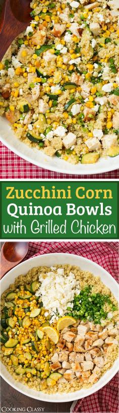 
                    
                        Zucchini Corn and Quinoa Bowls with Grilled Chicken and Lemon - healthy, easy to make and totally filling. Tastes delicious!
                    
                