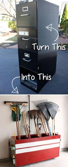 20 Creative Furniture Hacks :: Turn an old file cabinet into garage storage! and some other simple clever ideas