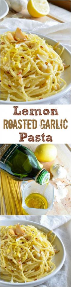 Lemon Garlic Pasta Recipe - A simple dinner idea or filling side dish.  Pasta tossed with lemon, premium olive oil, red pepper flakes, parmesan cheese and roasted garlic.