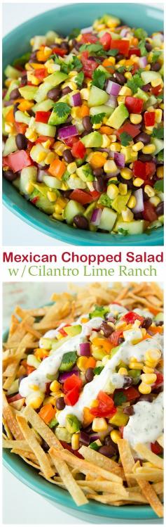 Mexican Chopped Salad with Greek Yogurt Cilantro Lime Ranch. It has avocados, cucumbers, tomatoes, fresh corn, orange peppers, red onion and black beans and a delicious (lighter) Cilantro Lime Greek Yogurt Dressing and oven baked tortilla strips.
