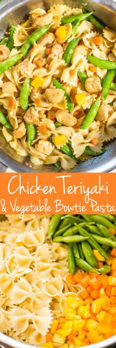 Chicken Teriyaki and Vegetable Bowtie Pasta - Juicy chicken coated in teriyaki sauce with crisp, crunchy veggies! Healthy, easy, 20 minute meal that's perfect for busy weeknights!