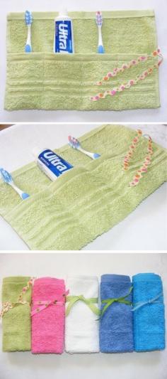 I should do this for our next trip, I'm always putting our toothbrushes in a plastic bag. great travel bag DIY for toothbrushes and paste. good idea!