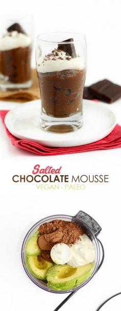 
                    
                        This Paleo Salted Dark Chocolate Mousse is made with an avocado and coconut base, sweetened with maple syrup, and topped off with Himalayan Sea Salt!
                    
                