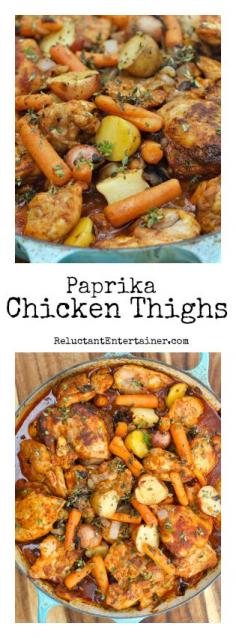 Easy One-Pot Paprika Chicken Thighs by reluctantentertainer #Chicken #Paprika #Easy