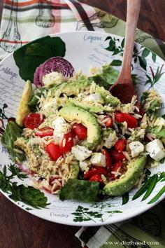 Avocado orzo salad Ingredients 3 to 4 cups chopped romaine lettuce 1/2 cup orzo, cooked 2 avocados, peeled, pitted, sliced 1 cup halved grape tomatoes 1 cup cubed feta cheese 3 tablespoons olive oil juice of 1 small lemon salt and pepper, to taste 1 to 2 teaspoons dried thyme Mix dressing ingredients and pour over salad