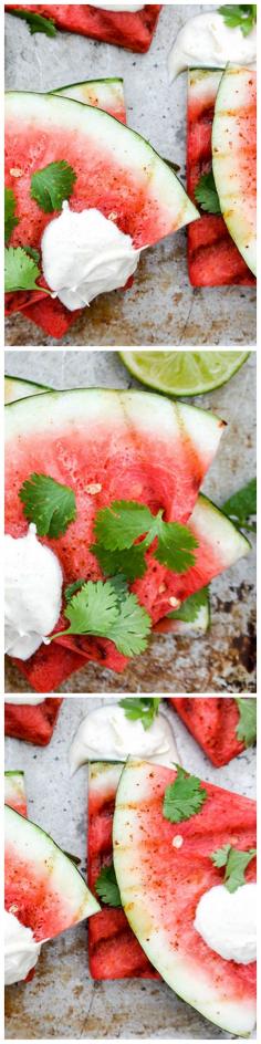 Hmm > Grilled Watermelon with chili powder, fresh lime juice, cilantro and creme fraiche is a refreshing and unexpected summer treat!