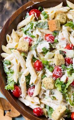 Chicken Caesar Pasta Salad with an easy and creamy homemade Caesar dressing. Great as a side dish or light summer meal.  #pasta #noodles #recipe #easy #recipes