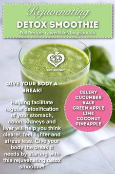 Ingredients: - 4 stalks celery - 1 long english cucumber - 4 large leaves kale - 1 green apple, chopped & de-seeded - 1 lime, squeezed for juice - water of 1 young thai coconut (about 1 cup; if you don't have coconut water, use regular water) - 1 cup ripe pineapple  Put the celery, cucumber, kale, lime & coconut water into the blender, and blend high speed (this helps break down the greens better). Then, add the apple and pineapple, and blend for around 15-30 seconds. Enjoy!