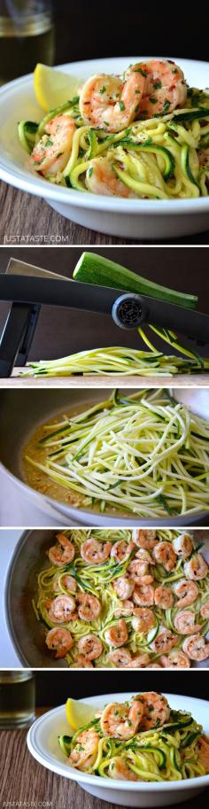 Skinny Shrimp Scampi with Zucchini Noodles. Pinning for the noodles. Dang, I need this contraption in my life! #pasta #recipes #dinner #healthy #recipe