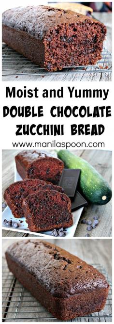 Super-moist, tender and delicious is this Double Chocolate Zucchini Bread. My kids really love this and they don't care that there are veggies in it. It's that good! ! #double #chocolate #zucchini #bread