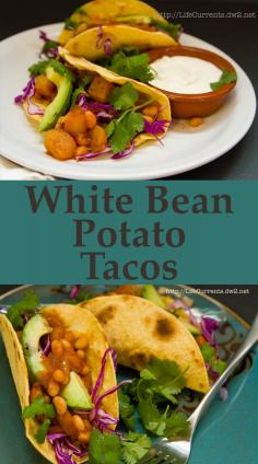 
                    
                        White Bean - Potato Tacos by Life Currents are super yummy, with a hint of smoky chipotle; the sauce is well-rounded with sweet and tangy white onions, tomato paste, and a little sugar. And, they have that creaminess that potatoes and white beans give. Just all around a perfect taco filling!
                    
                