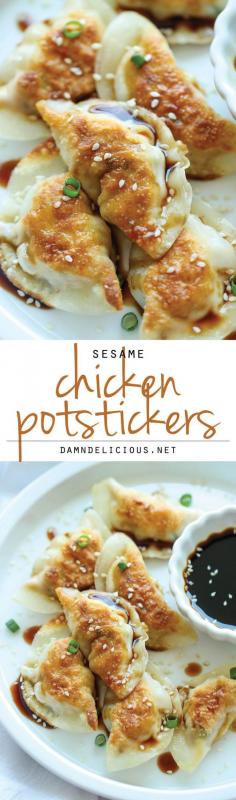 Sesame Chicken Potstickers - These are unbelievably easy to make. And they're freezer-friendly too, perfect for those busy weeknights!  #chicken #potstickers #recipe #cooking #baking #dinner #lunch #food #foodporn #yummy #eat #eatgood #foodbaby #yum #delicious #eatmore #homemade