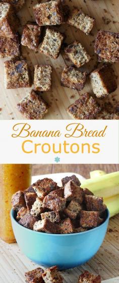 
                    
                        Whole Wheat Banana Bread Croutons are simple to make and starts with a square pan. A surprise for your friends and family and a special addition to salads.
                    
                