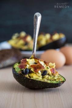 Avocado + Hummus Breakfast Bowls | bacon, avocado, black beans, parsley, scrambled eggs, hummus