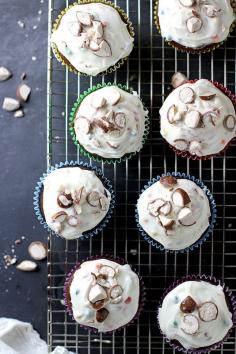 
                    
                        Malted Chocolate Fudge Stuffed Cupcakes with Rainbow Chip Frosting
                    
                