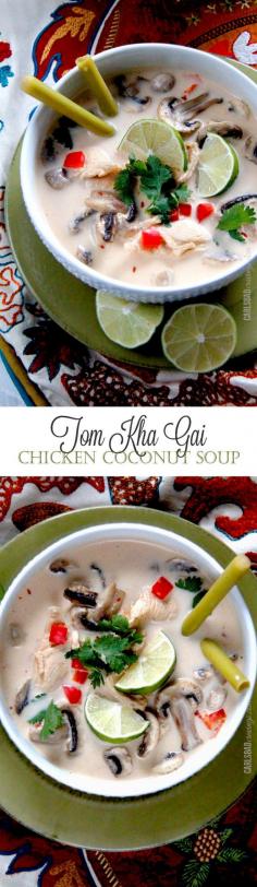 
                    
                        Tom Kha Gai (Chicken Coconut Soup) | every bit as delicious as your favorite Thai restaurant and on your table in less than 30 MINUTES!  Warm coconut broth infused with lemongrass, red curry, ginger, and basil, with thinly sliced tender chicken, mushrooms and red bell peppers.  Refreshing with layers of tantalizing spices.
                    
                