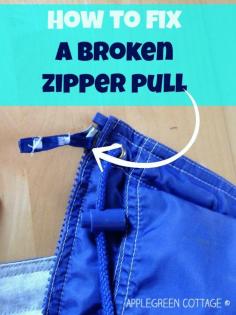 Fix a broken zipper pull: 1) Choose the color (yeey!) and cut a 10 centimeter length of the ribbon. 2) Pull it through the zipper slider so it's exactly half way through. 3) Sew the two ends together as seen on the photo, two or three times. Use a very dense zigzag stitch. Make the seams thick and bulky on purpose, as this will ensure that it stays nicely between the finger and the thumb when zipping and unzipping the jacket.