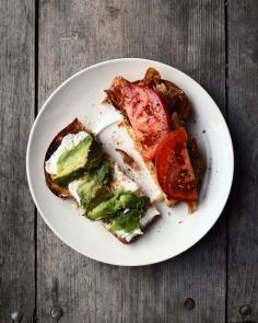 Bacon, Avocado and Tomato Sandwich — Grab a toasted slice of bread and throw some butter, sour cream, mustard, bacon, avocado and tomato on it for a delish snack! Via @Erica Lea