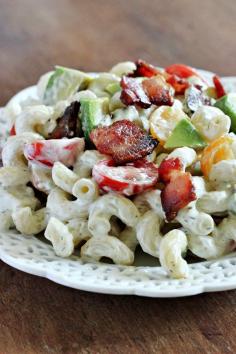 Jam Hands: Creamy Avocado, Bacon and Tomato Pasta Salad. Make with gluten free noodles
