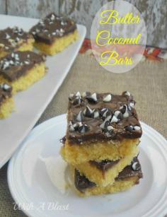 Butter Coconut Bars ~ Delicious, Buttery coconut bars with a Chocolate Glaze - no eggs or milk required ! www.WithABlast.net