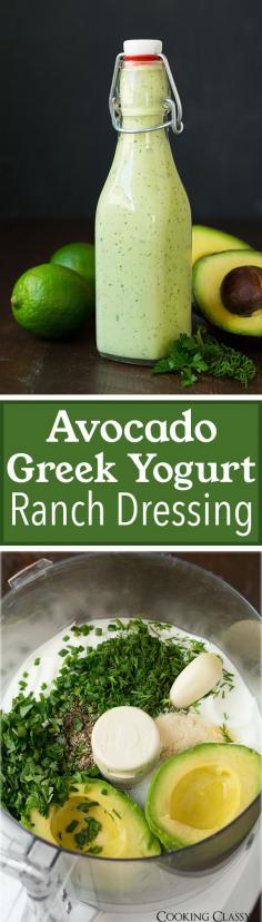 Avocado Greek Yogurt Ranch Dressing - easy, made from scratch and so delicious!! Can be used as a veggie dip too, just  switch the milk to organic almond milk and all organic ingredients
