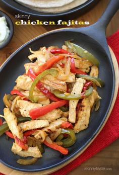 For Camping meal:   Skinny Chicken Fajitas - Lean strips of chicken breast, bell peppers and onions served sizzling hot with warm tortillas and shredded cheese. Any night can be an easy fiesta! #quick #Mexican #cleaneats #weightwatchers Swap the tortillas for lettuce leaves to make them #paleo