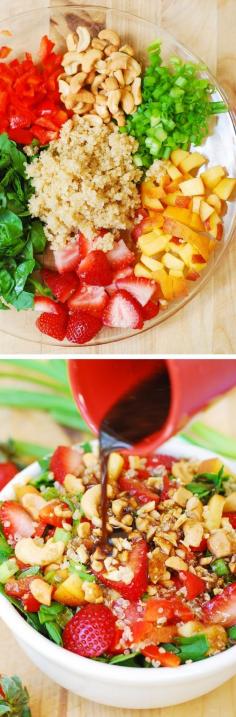 Strawberry, quinoa, spinach salad in a homemade honey-mustard balsamic vinegar dressing.