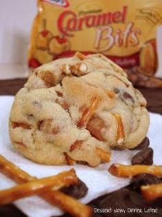 Caramel Pretzel Chocolate Chip Cookies Recipe ~ CHUNKS of pretzels, caramel bits, & chocolate chips.  Thick, chunky, sweet, & salty