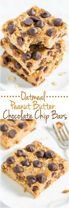 Oatmeal Peanut Butter Chocolate Chip Bars - So much better than a bowl of plain oatmeal!! Easy, portable bars perfect for snacks or breakfast on-the-go!!