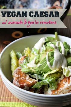 A recipe for vegan caesar salad dressing using pine nuts and cashews for creaminess and capers for brine. With home made garlic croutons and avocado.