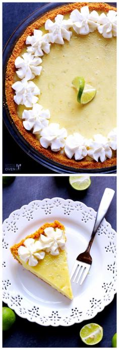 The BEST Key Lime Pie!  Made with a graham cracker crust and a simple 3-ingredient filling.  So fresh and tasty! Filling Ingredients: 1 (14-ounce) can sweetened condensed milk, 4 large egg yolks, 1/2 cup key lime juice (preferably fresh, but bottled juice also works), (optional topping) 2 cups whipped cream. gimmesomeoven.com #dessert