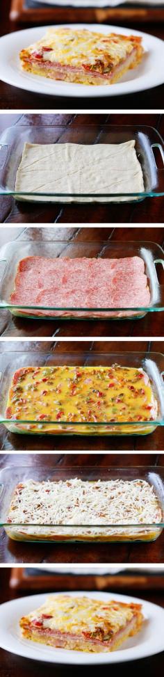 An easy, cheesy, Italian Breakfast Casserole. Layer crescent rolls, ham, salami, eggs, bell peppers and cheese, then bake for 30 mins. Perfect for breakfast, lunch, or breakfast for dinner! Let us help you find your next home in Nashville. 615-297-8543 Neal Clayton Realtors #NCR #HomeSweetHome #nashville #realestate #MusicCity #food #dinner #supper #eat