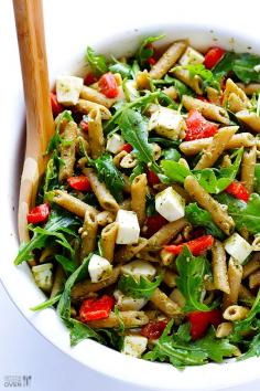 5 Ingredient Pasta Salad Recipe -- kale,pesto,mozzarella and roasted red peppers.