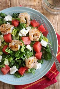 Grilled Shrimp and Watermelon Chopped Salad - chopped romaine tossed with sweet, juicy watermelon, grilled shrimp, goat cheese and a golden balsamic vinaigrette. Yummy summer salad...