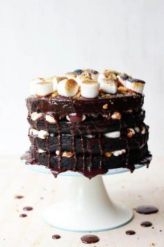 s'mores cake with dark cocoa buttermilk, malted fudge, cookie crumbs and toasted marshmallows