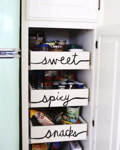 Labeled kitchen drawers… sweet, spicy, snacks! + lots of other great kitchen organization ideas...