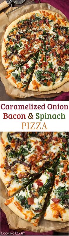 
                    
                        Caramelized Onion, Bacon and Spinach Pizza - layered with white sauce, mozzarella, parmesan, crispy bacon, fresh spinach, and caramelized onions. it is AMAZING!
                    
                