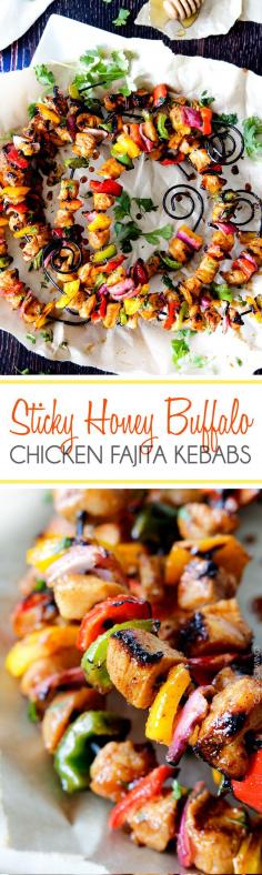 Easy Sticky Honey Buffalo Chicken Fajita Kebabs marinated and doused in the most tantalizing sweet heat sauce. One sauce, TONS of flavor. #kebabs #buffalo #honey #grill